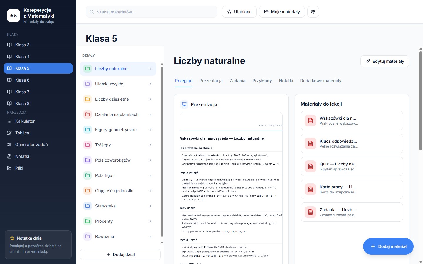 Korepetycje z Matematyki, dashboard korepetytora