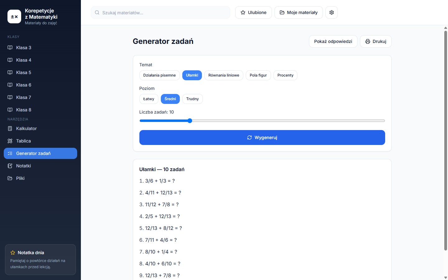Generator zadań w aplikacji Korepetycje z Matematyki